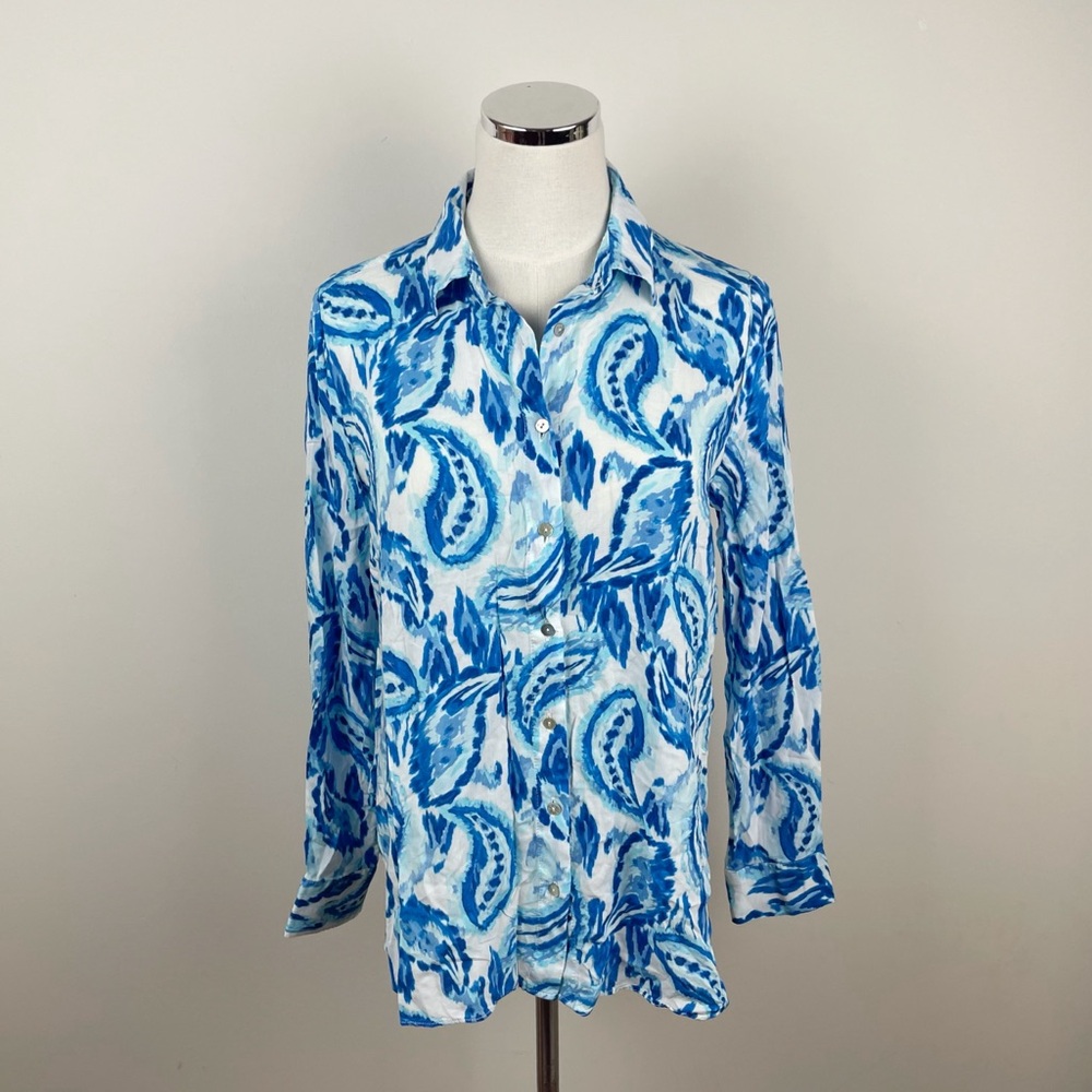 Rose & Olive Blue White Paisley Long Sleeve Collared Button Down Top Women